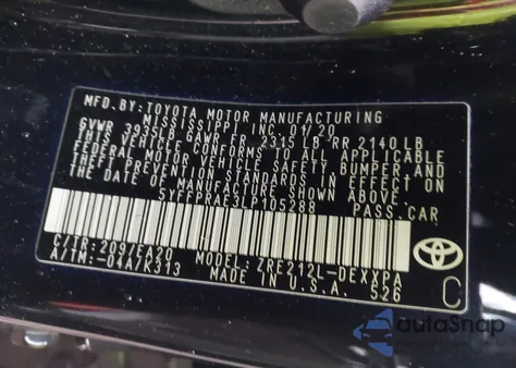 2020 Toyota Corolla Xle z USA, uszkodzony, nr VIN 5YFFPRAE3LP105288